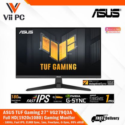 ASUS TUF Gaming VG279Q3A Gaming Monitor - 27" FHD (1920x1080), 180Hz, Fast IPS, ELMB Sync, 1ms (GTG), FreeSync Premium™, G-Sync compatible, VESA AdaptiveSync Display 180Hz. Variable Overdrive, 99% sRGB