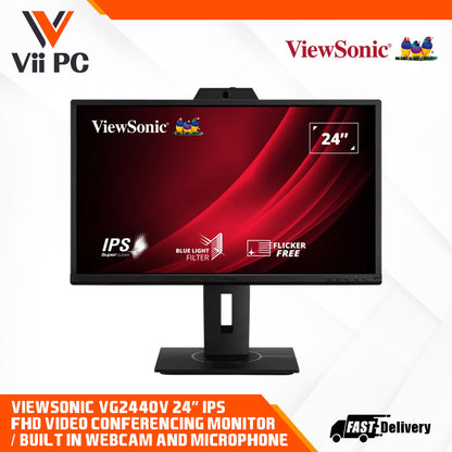 ViewSonic VG2440V 24" IPS FHD 1080p Video Conferencing Monitor with Integrated 2MP Camera, Microphone, Speakers, Eye Care, Ergonomic Design, HDMI DisplayPort VGA Inputs for Home and Office