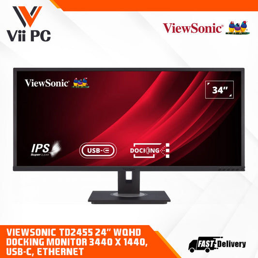 ViewSonic VG3456 34" 21:9 UltraWide WQHD 1440p Monitor with Ergonomics Design, USB Type C Docking, Built-In Gigabit Ethernet for Home and Office