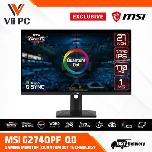 MSI G274QPF-QD Esports Gaming Monitor - 27" WQHD ( 2560x1440), Rapid IPS, 170Hz, 1ms GTG, FreeSync Premium, HDR400, HDMI, DisplayPort, Type-C Display, Adjustable Stand