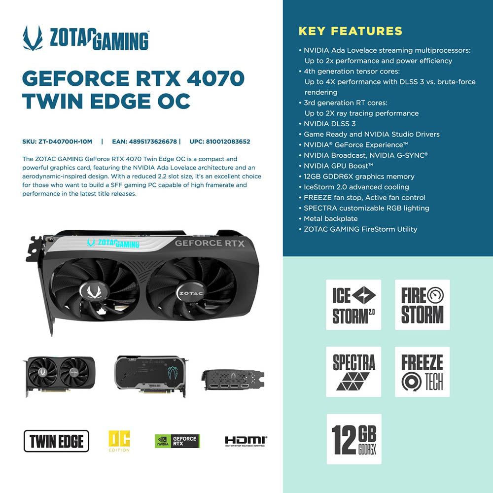 ZOTAC GAMING GEFORCE RTX 4070 Twin Edge OC ZTRTX4070TWINEDGEOC ZT