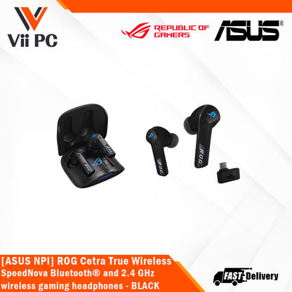 ASUS ROG Cetra True Wireless SpeedNova, Bluetooth®2.4 GHz wireless gaming headphones, ROG SpeedNova wireless technology, 24-bit 96 kHz audio and Dirac Opteo™, Bone-Conduction AI Microphones, up to 46-hour battery life