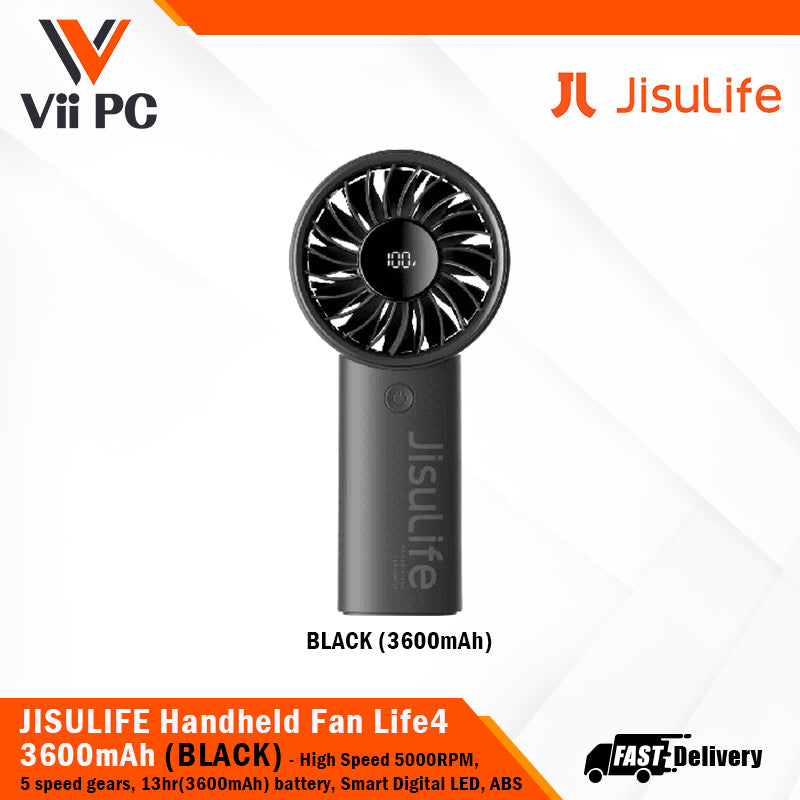 JISULIFE Handheld Fan Life4 3600mAh/5000mAh (Pink/Light Grey/Black) speed upto 5000RP, 5 speed gears, ABS material, 1 Year Wty