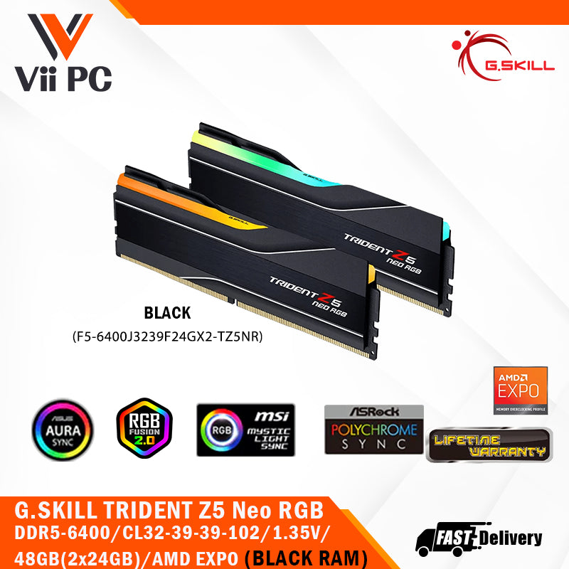 G.SKILL TRIDENT Z5 Neo RGB DDR5-6400 / CL32-39-39-102 / 1.35V / 48GB(2x24GB) / AMD EXPO Support / Limited Lifetime Wty (BLACK/WHITE) PC RAM