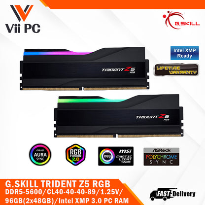 G.SKILL TRIDENT Z5 RGB DDR5-5600 / CL40-40-40-89 / 1.25V / 96GB(2x48GB) / Intel XMP 3.0 Support / Limited Lifetime Wty PC RAM