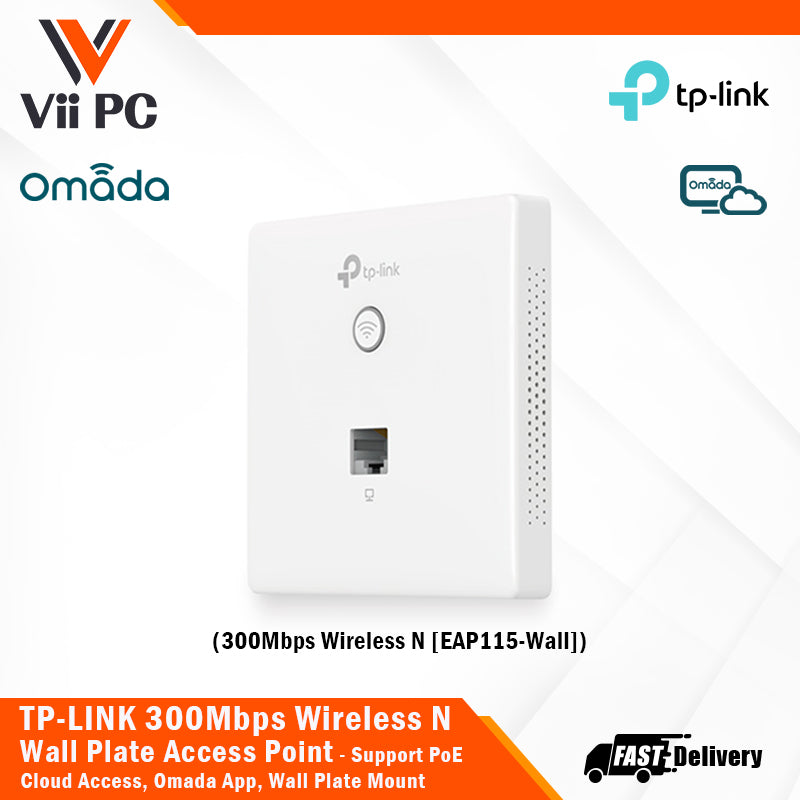TP-LINK EAP115-Wall 300Mbps Wireless N Wall-Plate Access Point Cloud Access, Omada App, PoE Supported