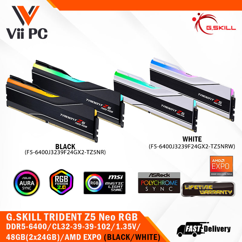 G.SKILL TRIDENT Z5 Neo RGB DDR5-6400 / CL32-39-39-102 / 1.35V / 48GB(2x24GB) / AMD EXPO Support / Limited Lifetime Wty (BLACK/WHITE) PC RAM