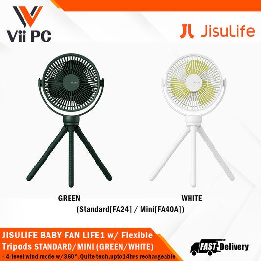 JISULIFE BABY FAN LIFE1 w/ Flexible Tripods, 4-level wind mode w/360°, Quite tech, up to 14hrs rechargeable, eco-friendly material STANDARD/MINI (GREEN/WHITE)