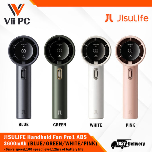 JISULIFE Handheld Fan Pro1 ABS 3600mAh(FA53) WHITE/PINK/BLUE/GREEN 9m/s wind speed, 100-speed level, 12 hours of Powerful Battery Life
