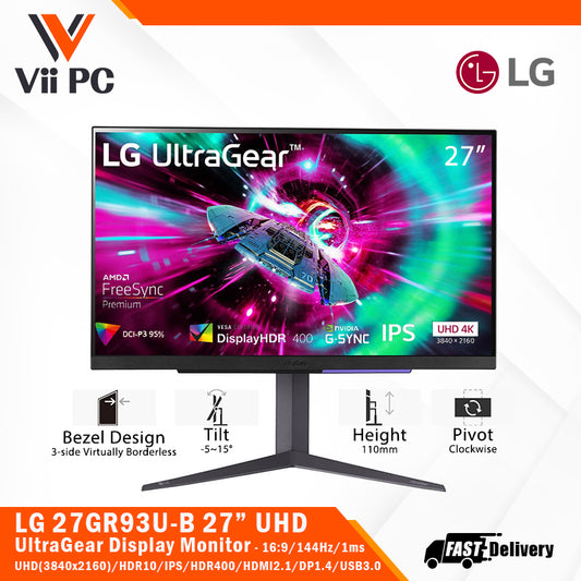 LG 27GR93U-B 27" UltraGear™ UHD(3840 x 2160)/16:9/IPS/144Hz/1ms/HDR400/HDR10/GSYNC/FreeSync Premium/DCI-P3 95%/HDMI2.1/DP1.4/USB3.0/4pole(Sound+Mic)/Adjustable Stand Black Gaming Monitor