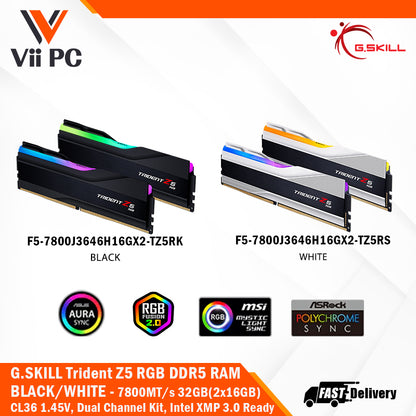 G.SKILL Trident Z5 RGB DDR5 BLACK/WHITE RAM CL36 7800MT/s 32GB(2x16GB) 1.45V, Dual Channel Kit, Intel XMP 3.0 Ready