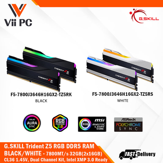 G.SKILL Trident Z5 RGB DDR5 BLACK/WHITE RAM CL36 7800MT/s 32GB(2x16GB) 1.45V, Dual Channel Kit, Intel XMP 3.0 Ready