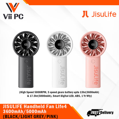 JISULIFE Handheld Fan Life4 3600mAh/5000mAh (Pink/Light Grey/Black) speed upto 5000RP, 5 speed gears, ABS material, 1 Year Wty