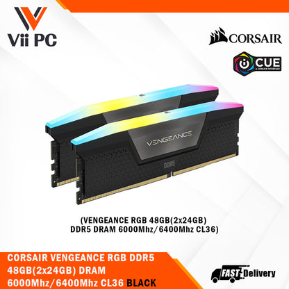 CORSAIR VENGEANCE RGB 48GB (2x24GB) DDR5 DRAM 6000Mhz / 6400Mhz CL36 Memory Kit - Black