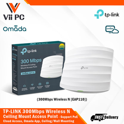 TP-LINK EAP110 300Mbps Wireless N Ceiling Mount Access Point Cloud Access, Omada App, PoE Support, Long Range Coverage, Ceiling/Wall Mount