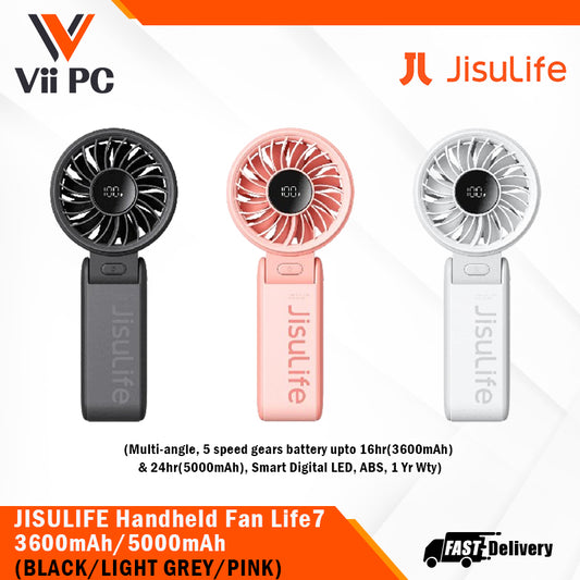 JISULIFE Handheld Fan Life7 3600mAh/5000mAh (Light Grey/Pink/Black) 5 speed gears, Multi-Angle (30° to 180°), ABS material, 1 Year Wty