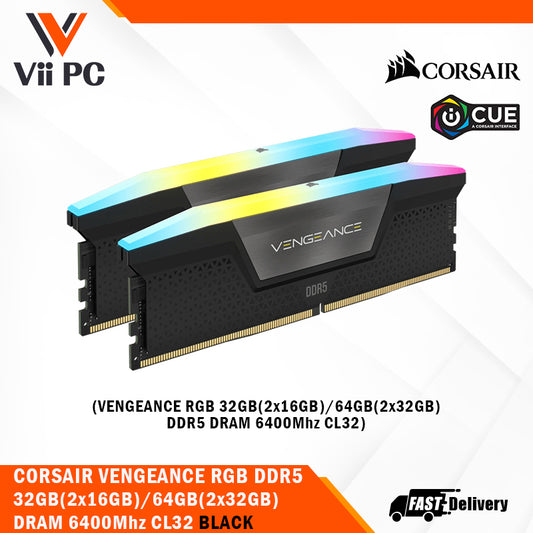 CORSAIR VENGEANCE RGB 32GB(2x16GB)/64GB(2x32GB) DDR5 DRAM 6400Mhz CL32 Memory Kit — Black