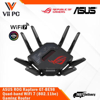 ASUS ROG Rapture GT-BE98 Quad-band WiFi 7 (802.11be)/New 320MHz Band/4096-QAM/Dual 10G Ports/Backup WAN/Triple-level Game Acceleration/Mobile Game Mode/ARGB/AiMesh/VPN Gaming Router