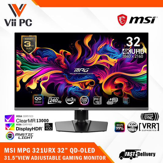 MSI MPG 321URX 32" QD-OLED Gaming Monitor - 16:9 4K UHD, 240Hz, 0.03ms(GTG ), HDR TrueBlack400, ClearMR13000, TypeC (90W ), 2xTypeA / 1xType B, KVM, Adjustable (*Pre-Order 30days)