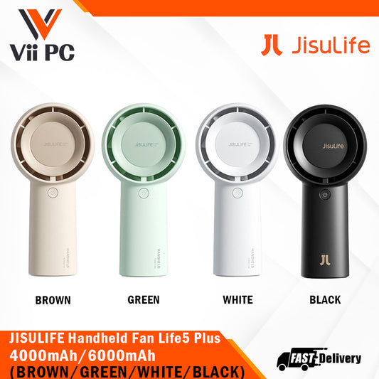 JISULIFE Handheld Fan Life5 Plus 4000mAh/6000mAh (Brown/White/Green/Black) 5 gear turbo wind, 40db noise level, 4.8 m/s, 3hr full recharge, 1 Yr Wty