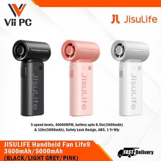 JISULIFE Handheld Fan Life9 3600mAh/5000mAh (Light Grey/Pink/Black) 5 speed levels, 40000RPM ABS, Safety Lock Design, 1 Year Wty