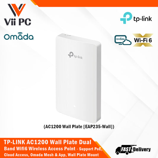 TP-LINK EAP235-Wall Omada AC1200 Wireless MU-MIMO Wi-Fi 6 Dual Band Wall Plate Access Point 4Gx Ports, Cloud Access, Omada App, PoE Supported