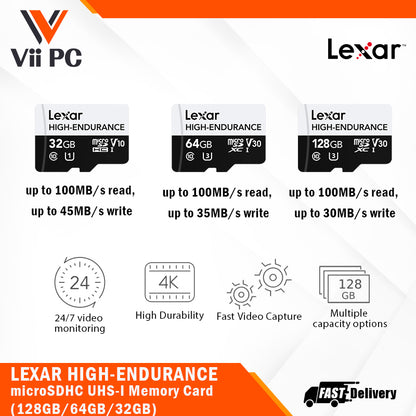 Lexar High-Endurance microSDHC/microSDXC UHS-I(U1/U3) Memory Card 32GB or 64GB or 128GB Up to 100MB/s READ, Up to 45MB/s or 35MB/s or 30MB/s WRITE, 4K(Fast Video Capture), 1080P FULL-HD, 24/7 video monitoring, High Durability