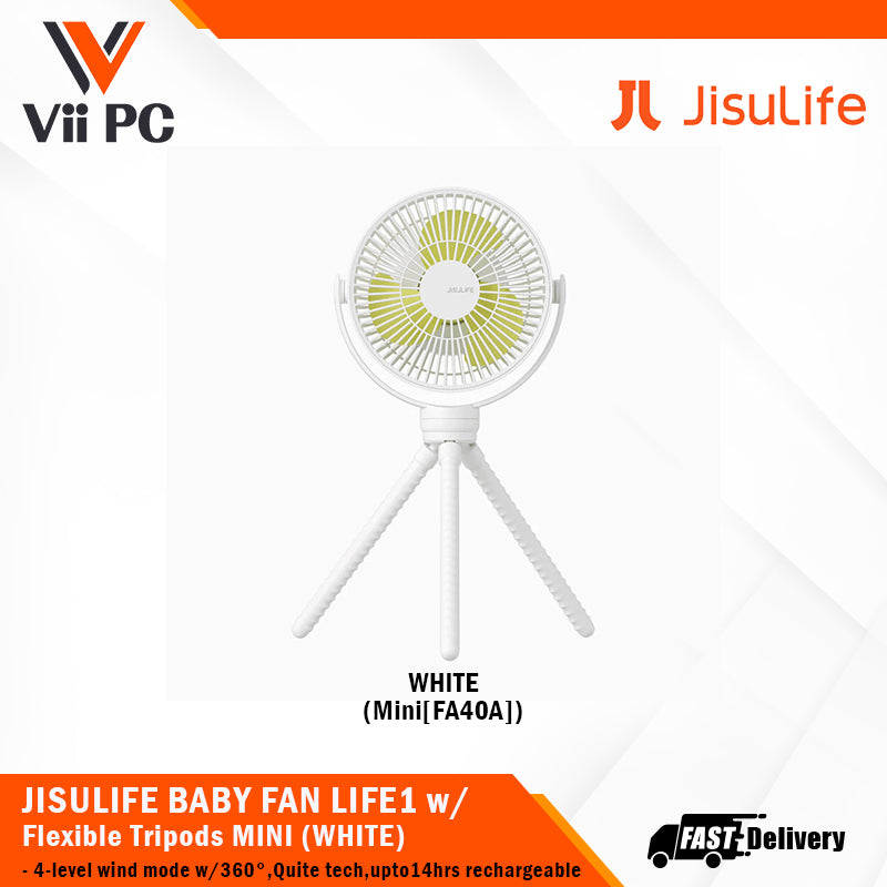 JISULIFE BABY FAN LIFE1 w/ Flexible Tripods, 4-level wind mode w/360°, Quite tech, up to 14hrs rechargeable, eco-friendly material STANDARD/MINI (GREEN/WHITE)