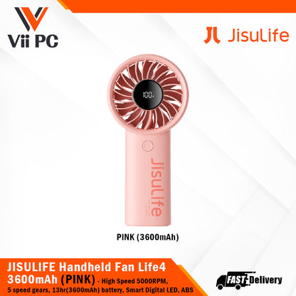 JISULIFE Handheld Fan Life4 3600mAh/5000mAh (Pink/Light Grey/Black) speed upto 5000RP, 5 speed gears, ABS material, 1 Year Wty