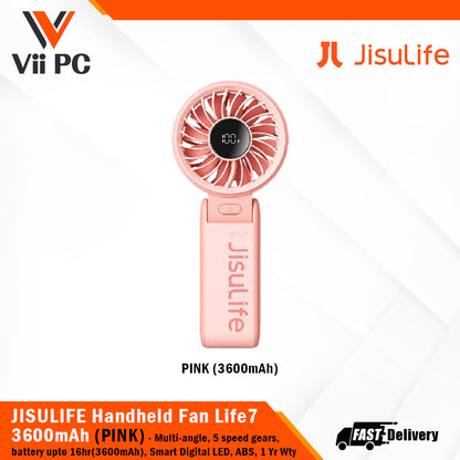 JISULIFE Handheld Fan Life7 3600mAh/5000mAh (Light Grey/Pink/Black) 5 speed gears, Multi-Angle (30° to 180°), ABS material, 1 Year Wty