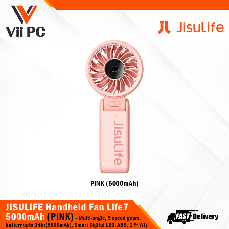 JISULIFE Handheld Fan Life7 3600mAh/5000mAh (Light Grey/Pink/Black) 5 speed gears, Multi-Angle (30° to 180°), ABS material, 1 Year Wty