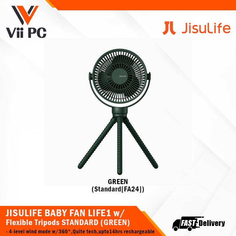 JISULIFE BABY FAN LIFE1 w/ Flexible Tripods, 4-level wind mode w/360°, Quite tech, up to 14hrs rechargeable, eco-friendly material STANDARD/MINI (GREEN/WHITE)