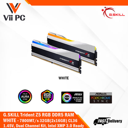 G.SKILL Trident Z5 RGB DDR5 BLACK/WHITE RAM CL36 7800MT/s 32GB(2x16GB) 1.45V, Dual Channel Kit, Intel XMP 3.0 Ready