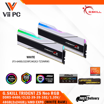 G.SKILL TRIDENT Z5 Neo RGB DDR5-6400 / CL32-39-39-102 / 1.35V / 48GB(2x24GB) / AMD EXPO Support / Limited Lifetime Wty (BLACK/WHITE) PC RAM